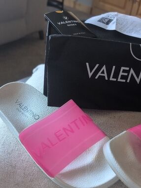 Valentino Pink Logo Slide Sandals with White Footbed